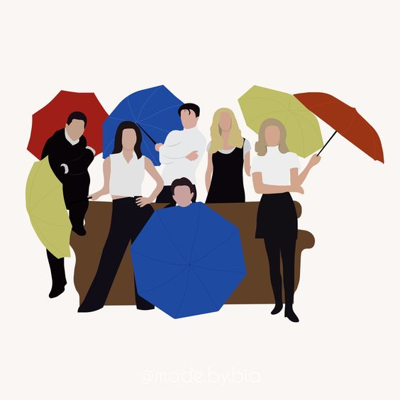 Ilustração da série de televisão friends. Na imagem estão todos os cinco personagens principais segurando guarda-chuvas.